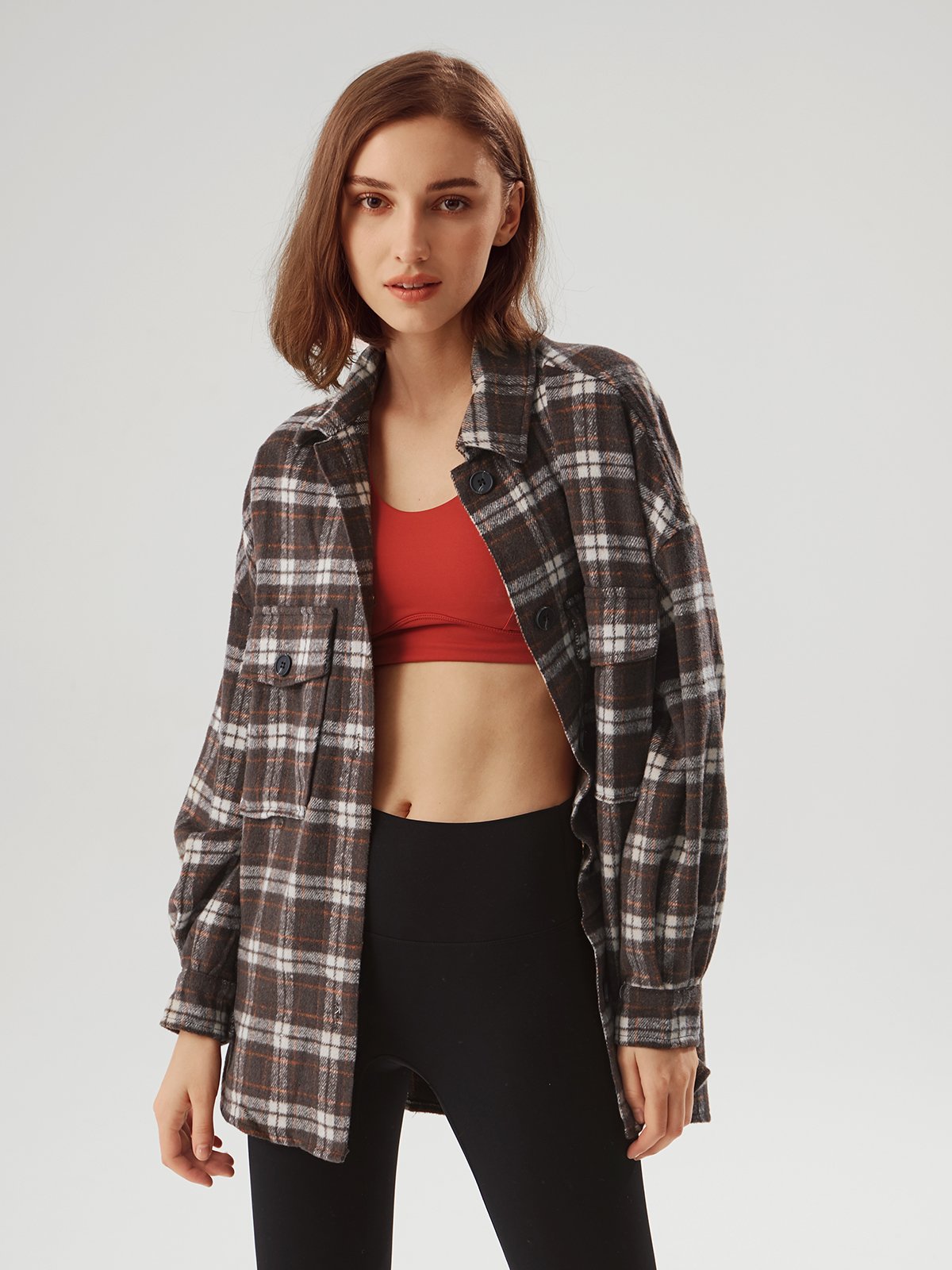 Plaid Double Pocket Oversized Shirt Jacket