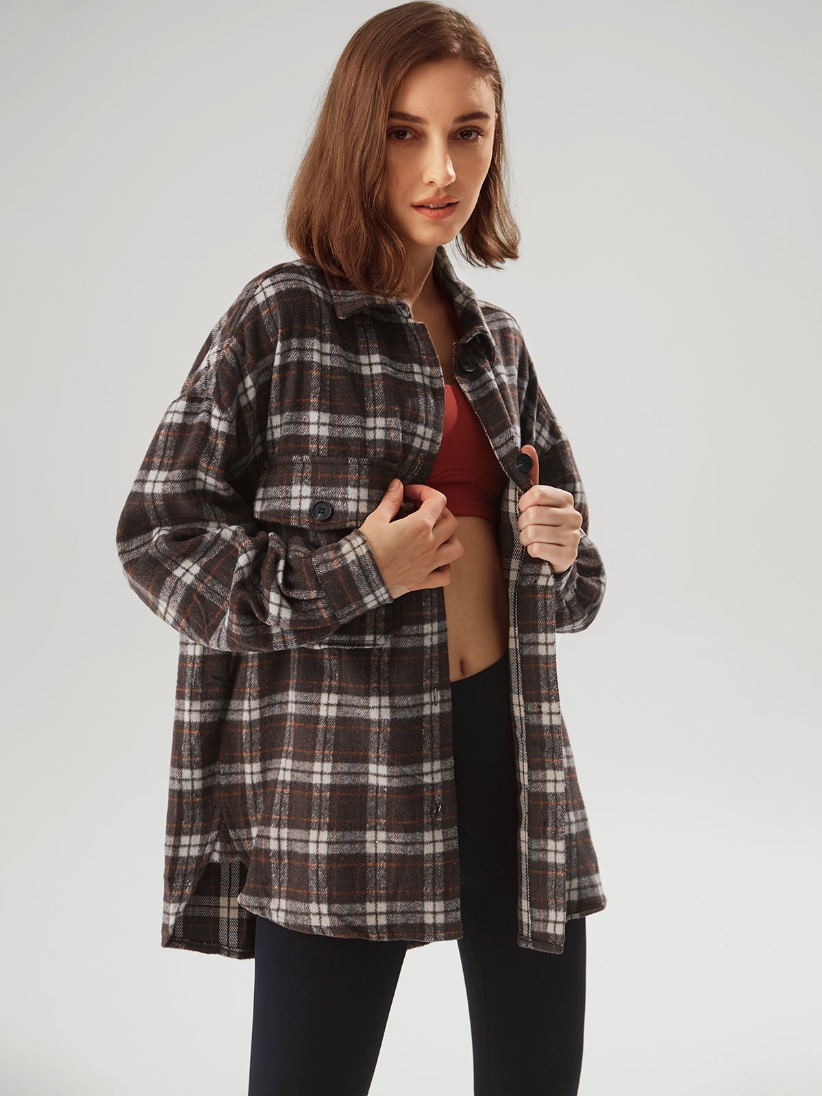 Plaid Double Pocket Oversized Shirt Jacket