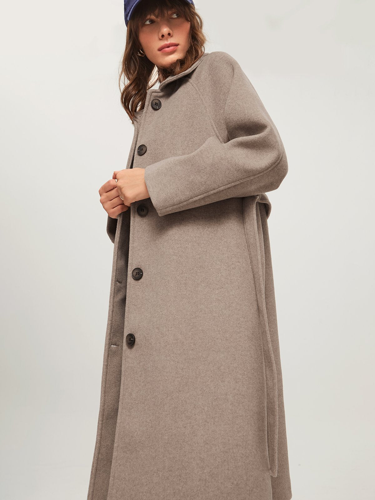 Brushed Wool Belted Long Overcoat