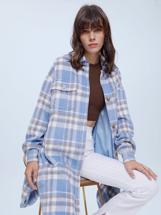 Plaid Long Brushed Wool Shirt Jacket