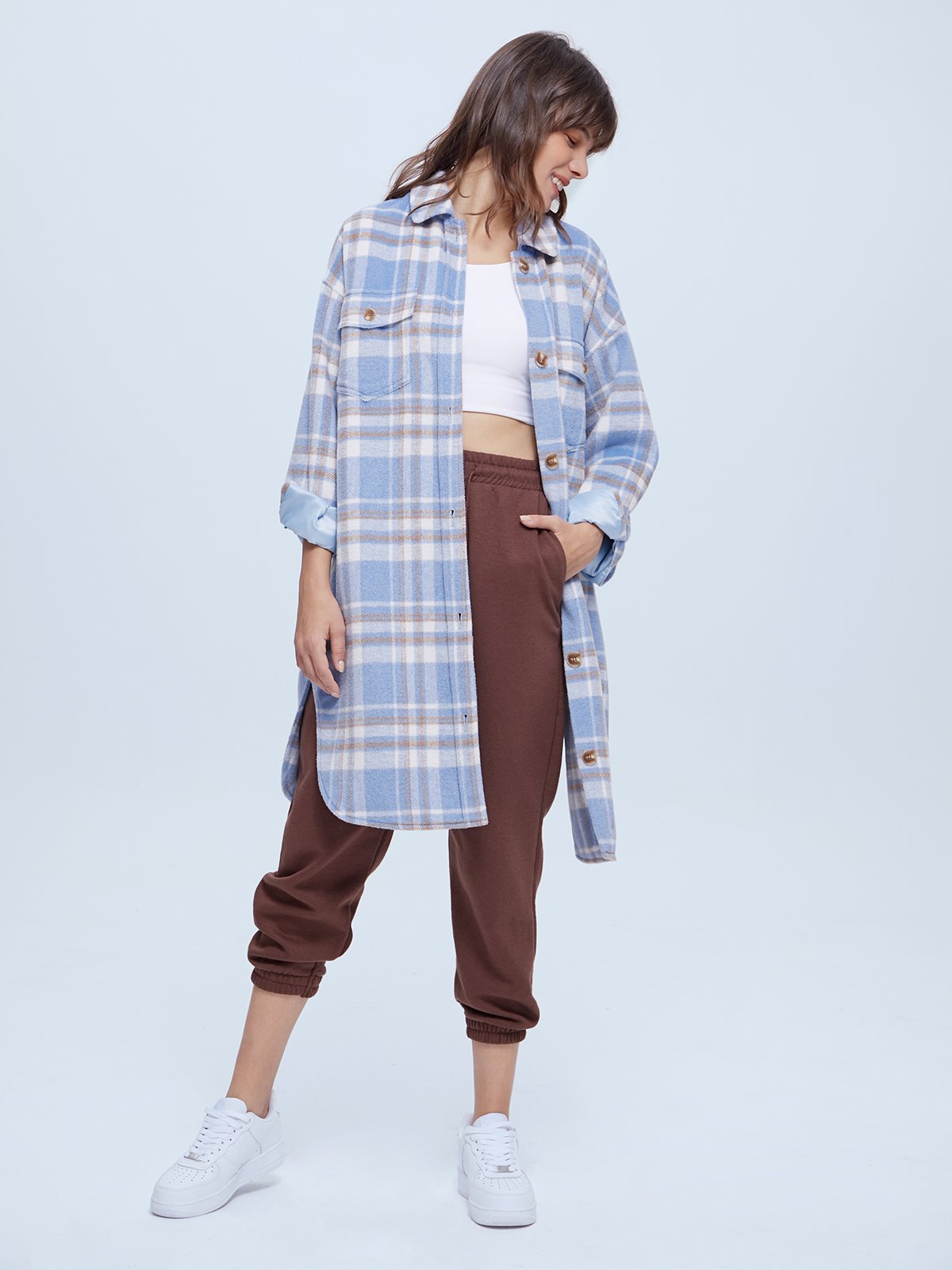 Plaid Long Brushed Wool Shirt Jacket