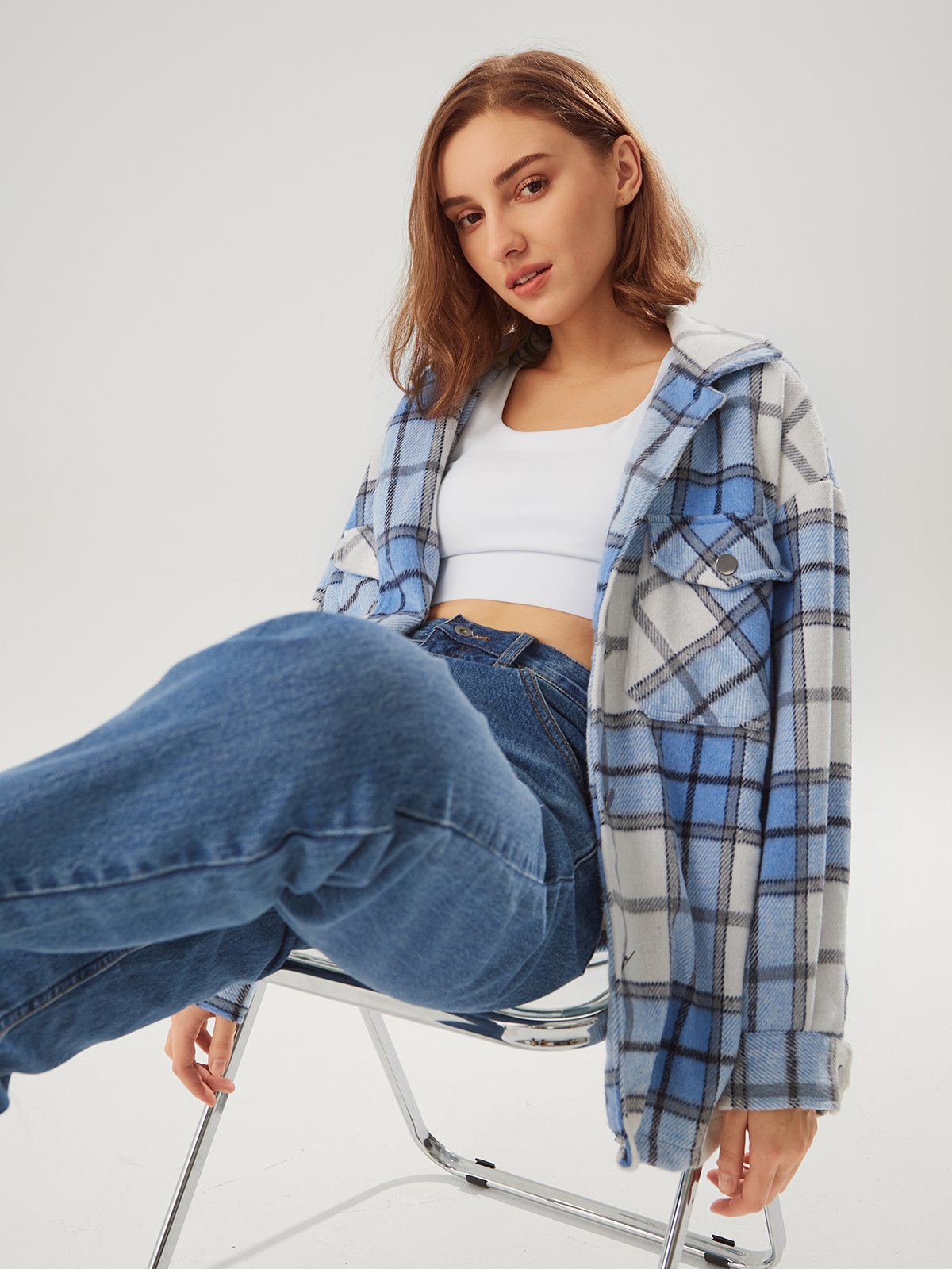 Plaid Double Pocket Shirt Jacket