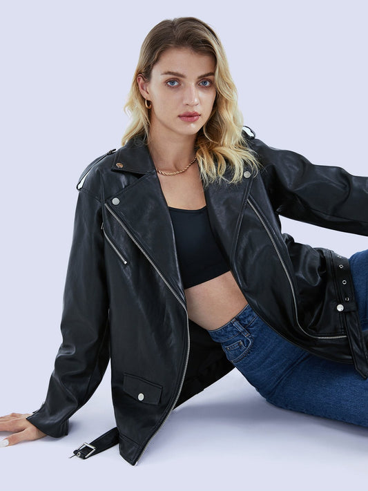 Oversized Leather Biker Jacket with Belt Detail