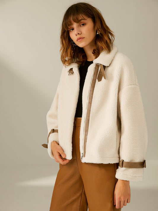 Cozy Sherpa Jacket with Brown Leather Strap Detail