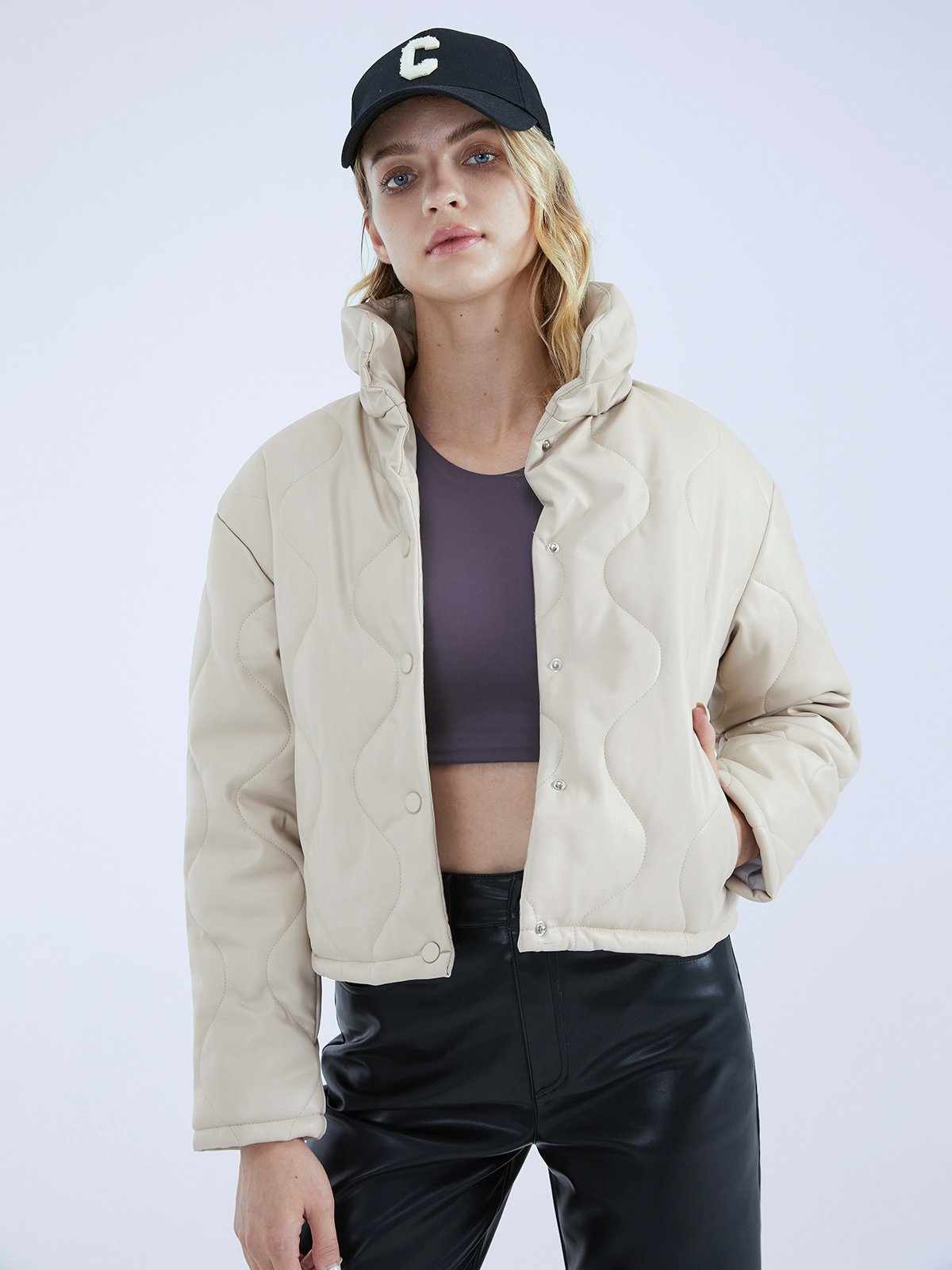 Cropped Funnel Neck Quilted Puffer Jacket