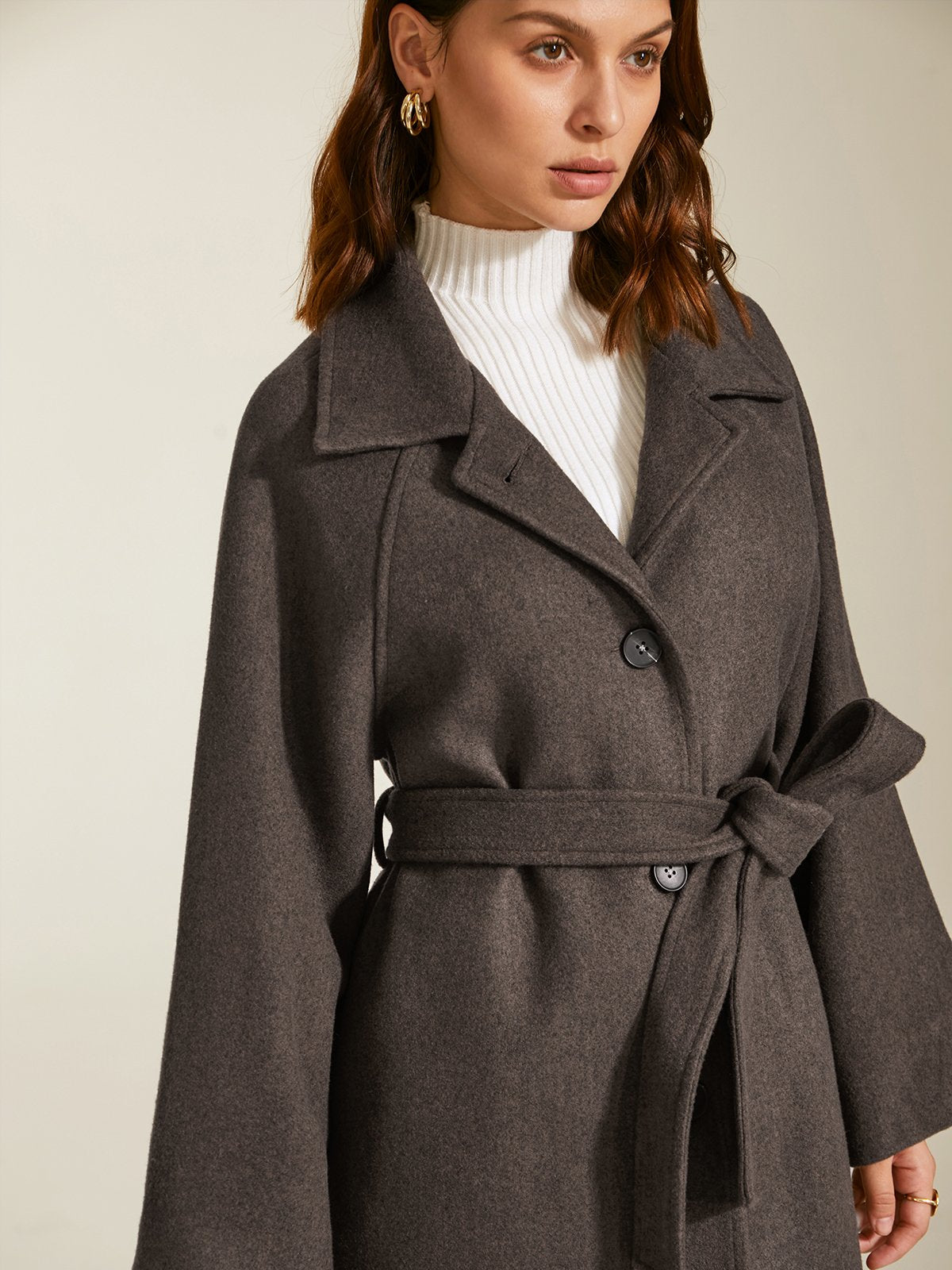 Brushed Wool Belted Long Overcoat