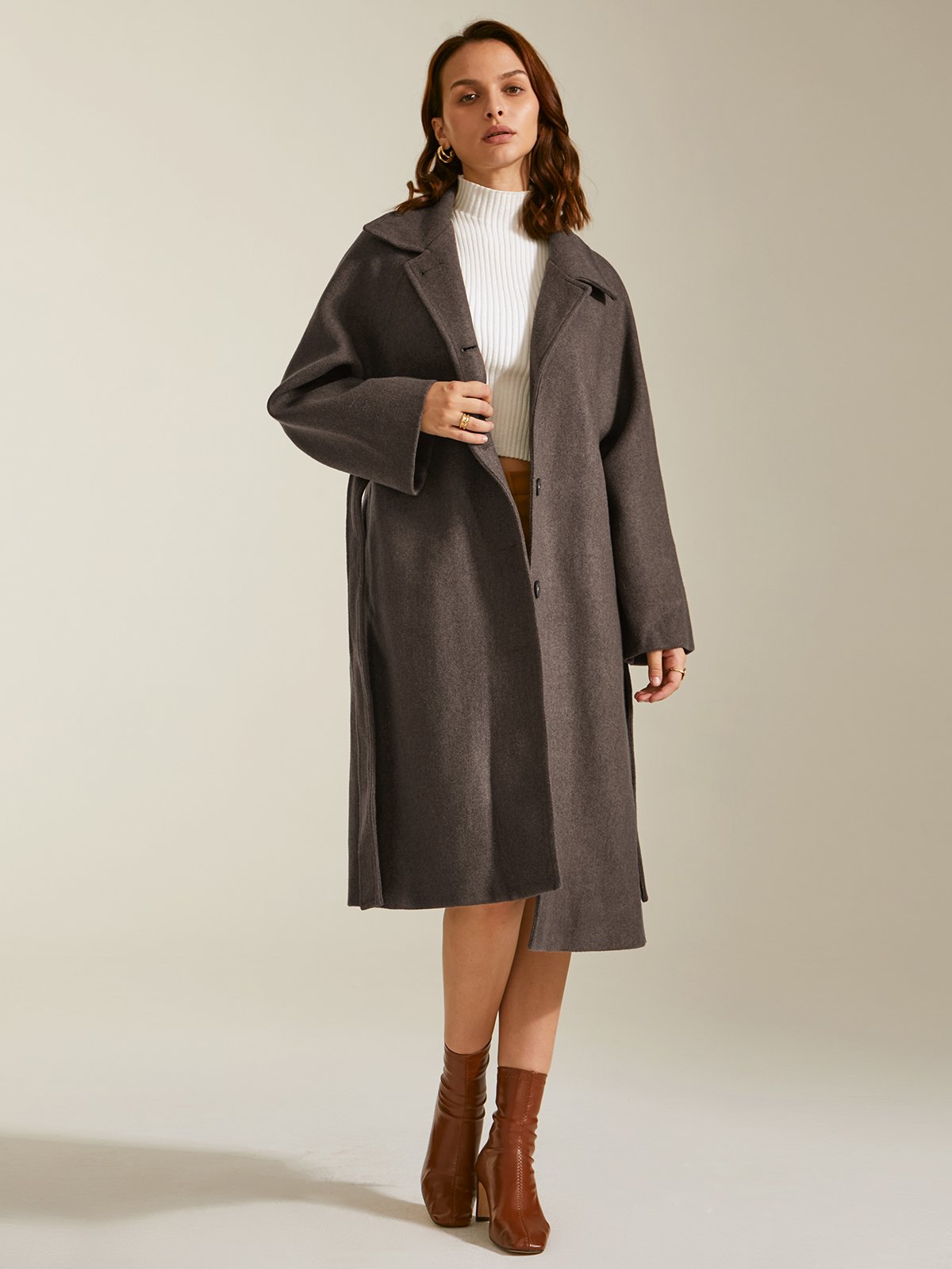 Brushed Wool Belted Long Overcoat