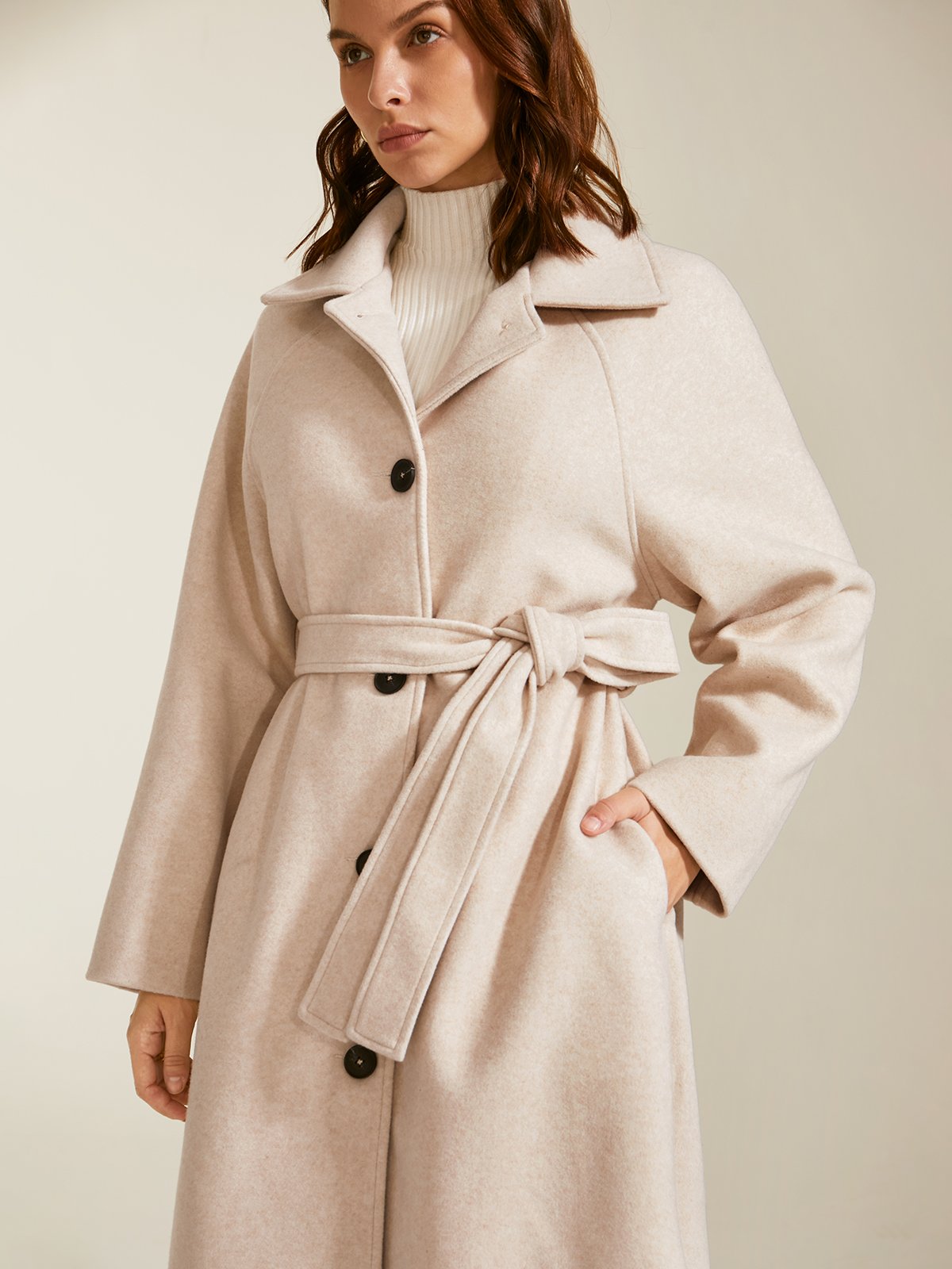 Brushed Wool Belted Long Overcoat