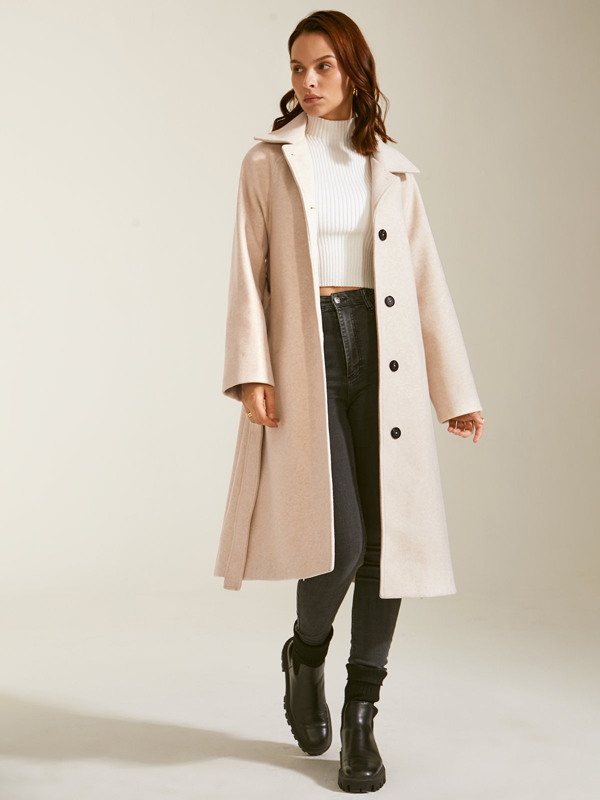 Brushed Wool Belted Long Overcoat