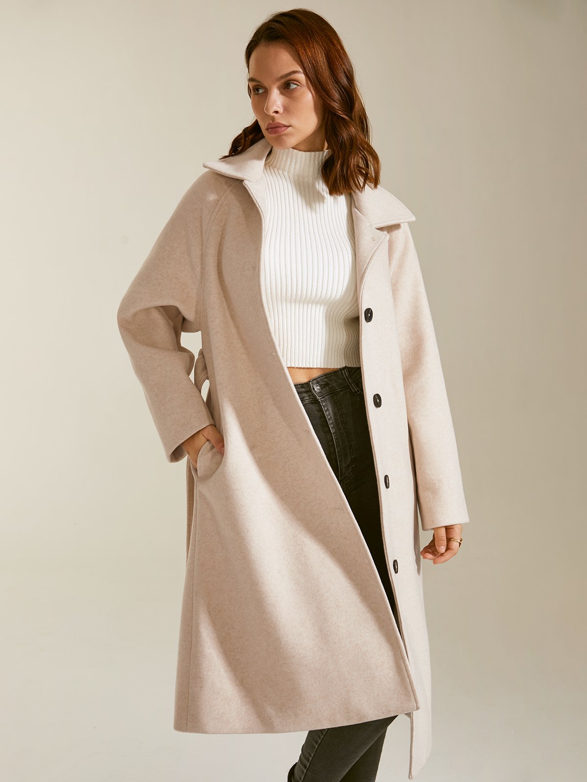 Brushed Wool Belted Long Overcoat