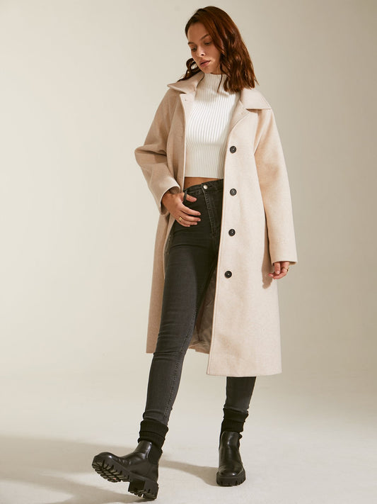 Brushed Wool Belted Long Overcoat