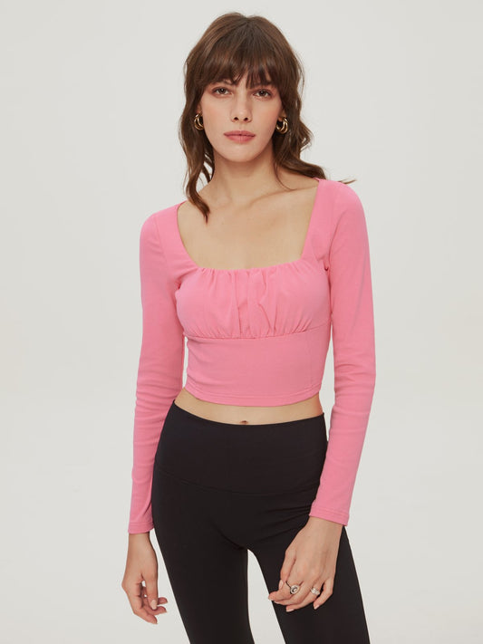 Ruche Cropped Square Neck Long Sleeve Top