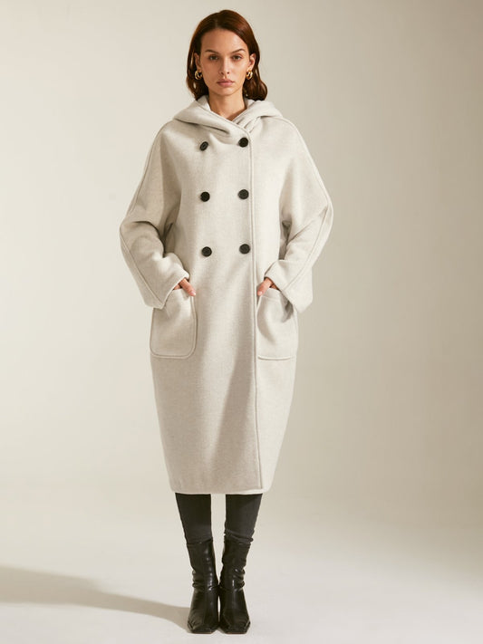 Oversized Hooded Double Button Wool Overcoat