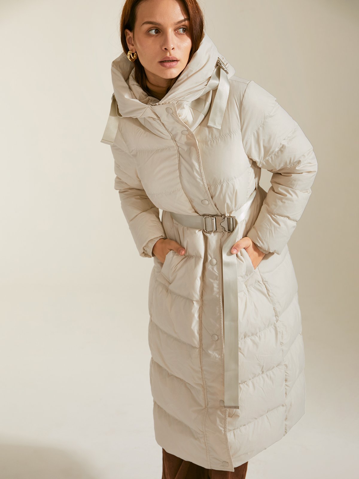 Belted Long Down Puffer Coat Cost last