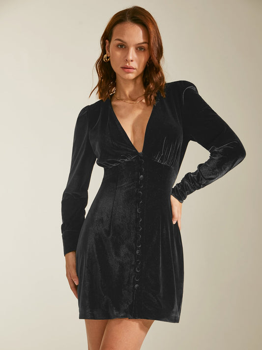 Velvet Button Front Puff Shoulder Dress