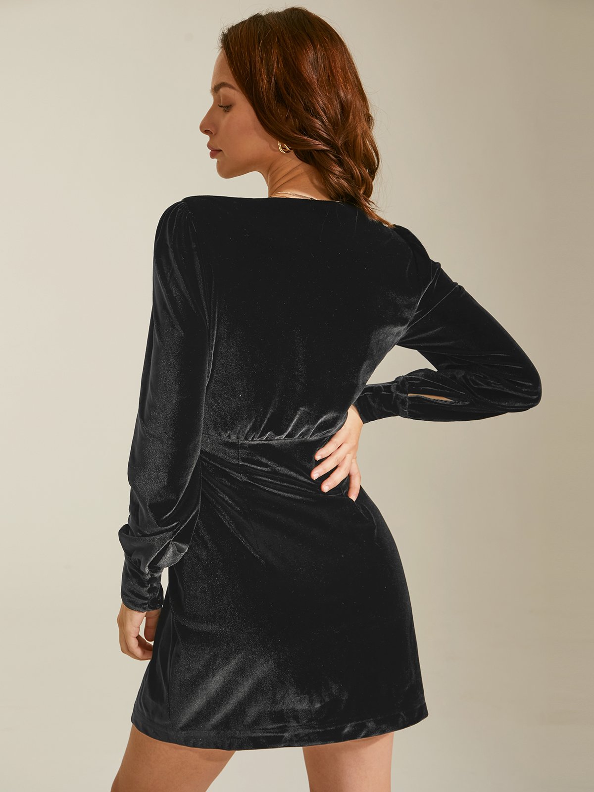 Velvet Button Front Puff Shoulder Dress