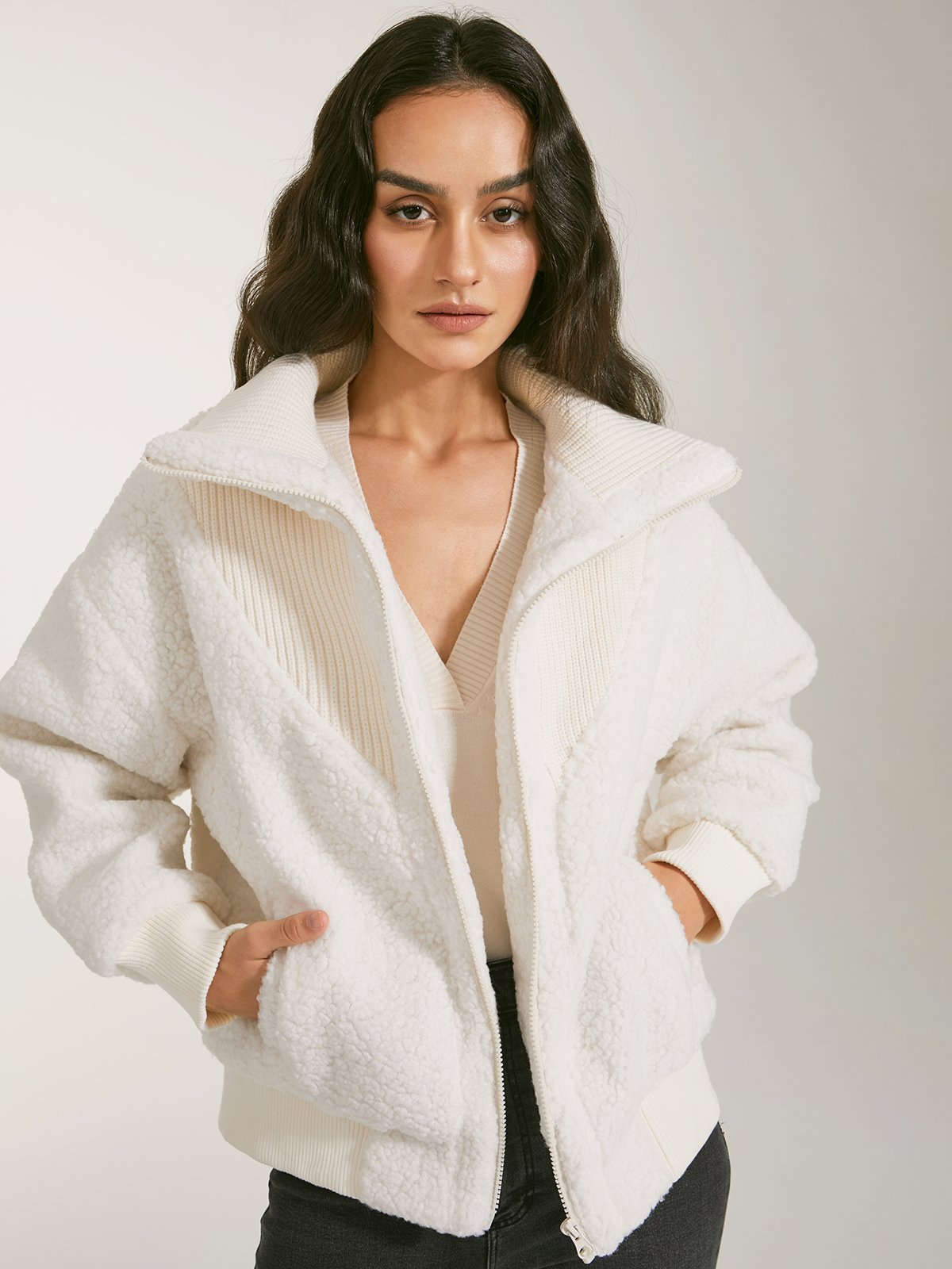 Knit Sherpa Zip Up Jacket