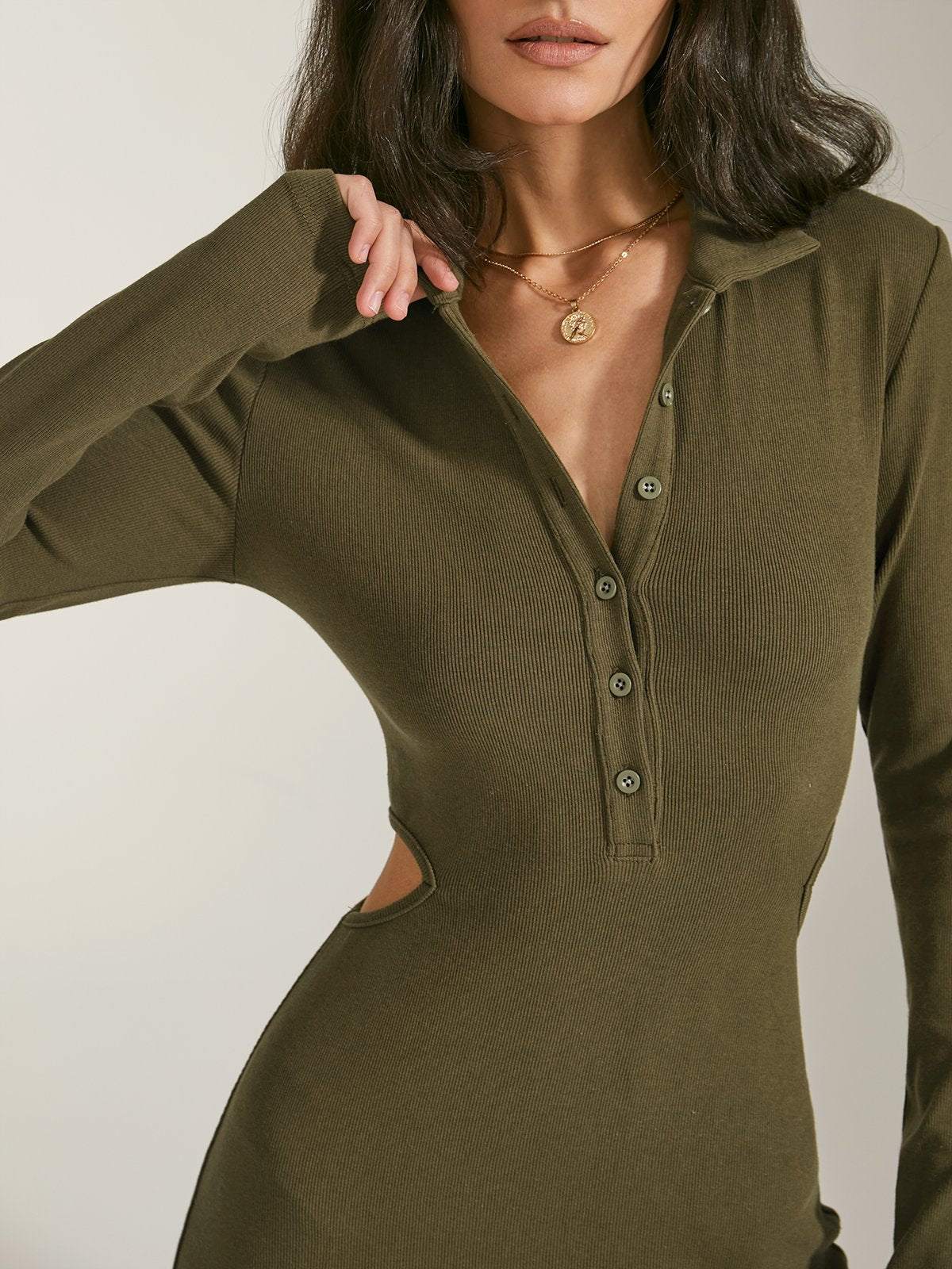 Ribbed Collared Long Sleeve Cutout Dress