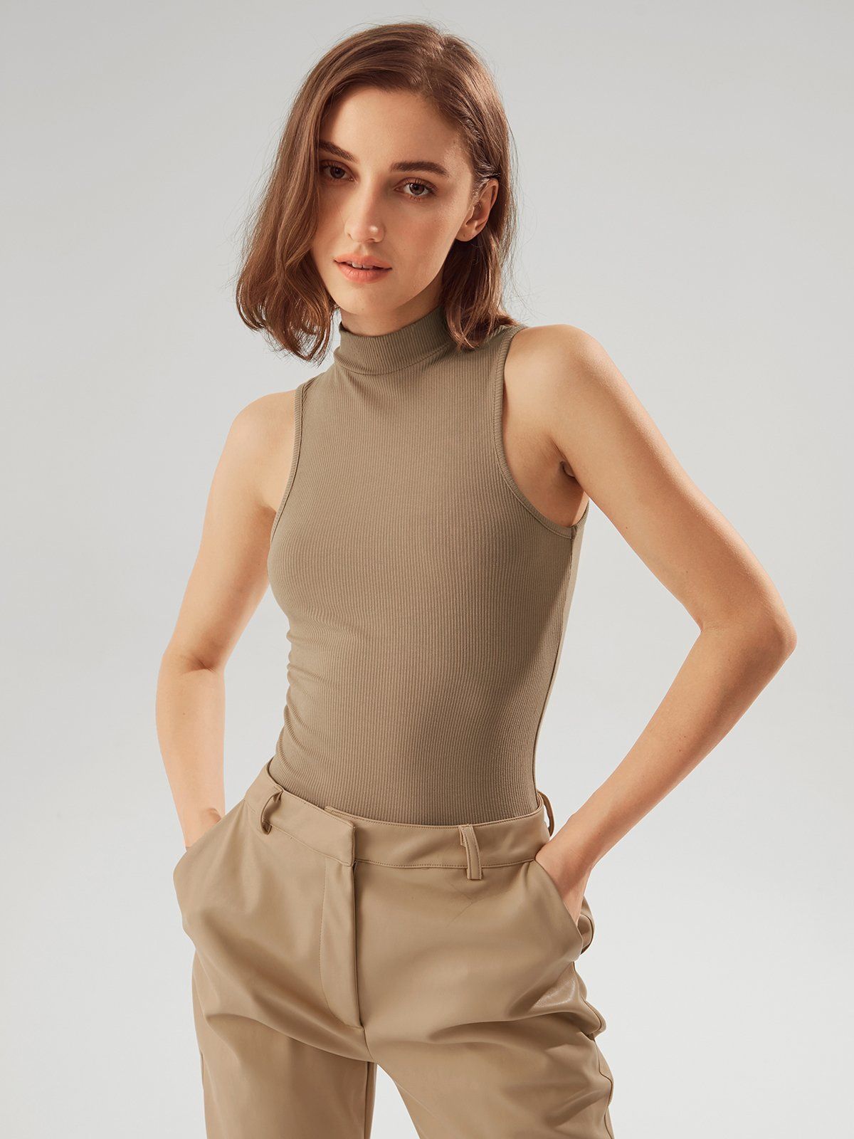 Ribbed Sleeveless Mockneck Bodysuit