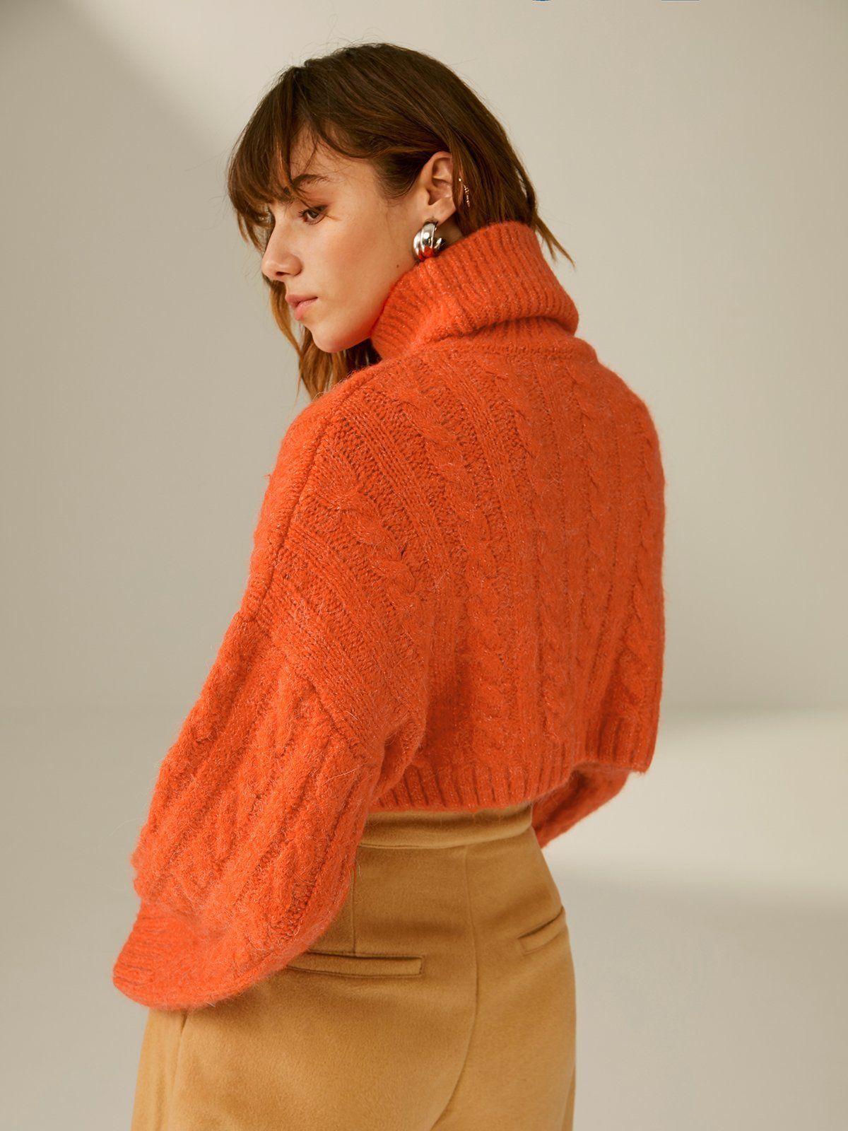 Cropped Drop Shoulder Knit Turtleneck Sweater