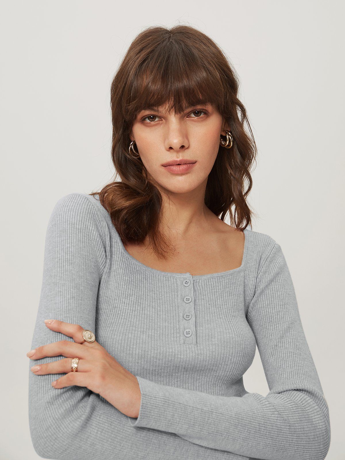 Ribbed Square Neck Henley Long Sleeve Top