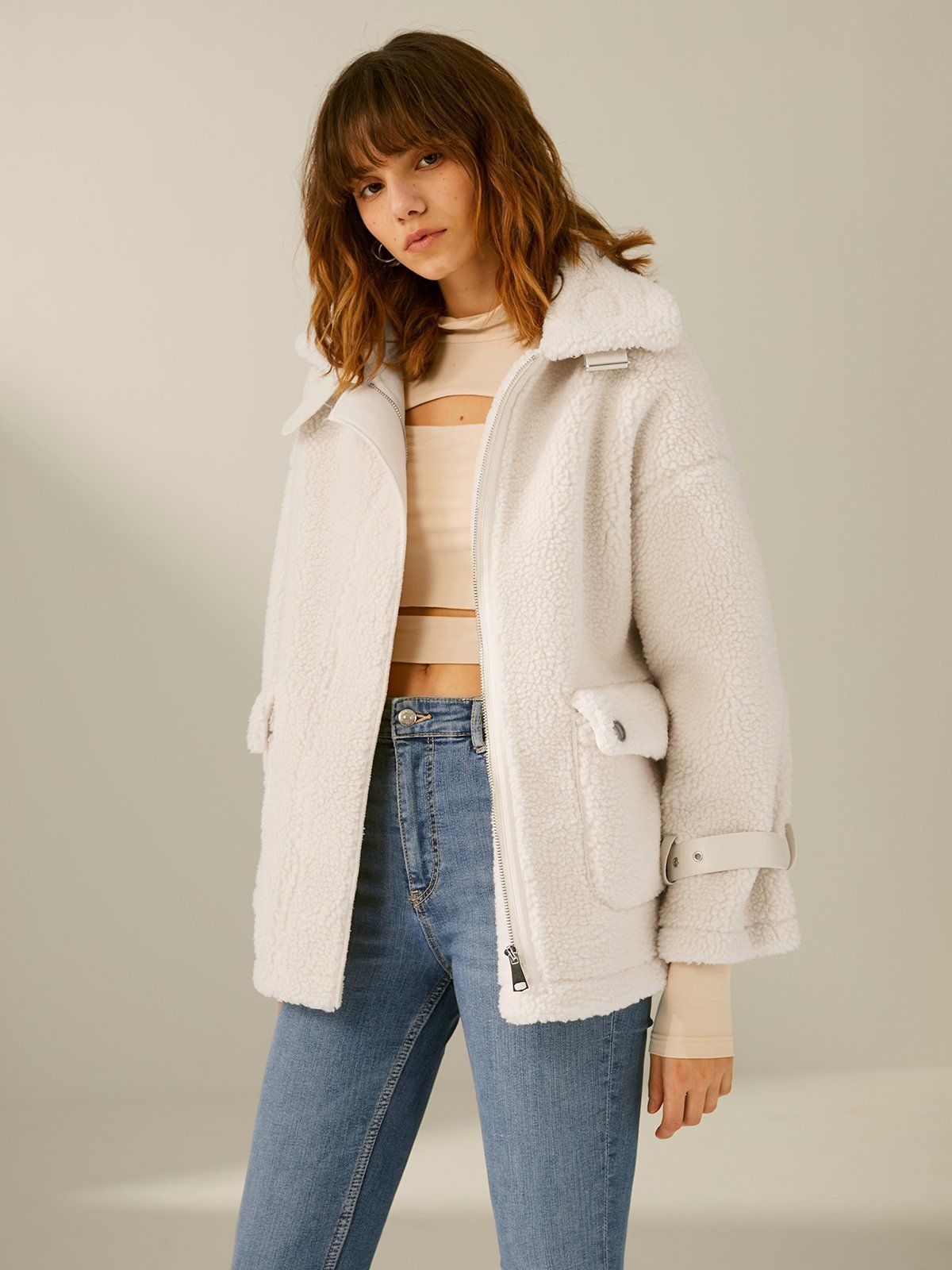 Double Front Pocket Sherpa Jacket with White Leather Straps