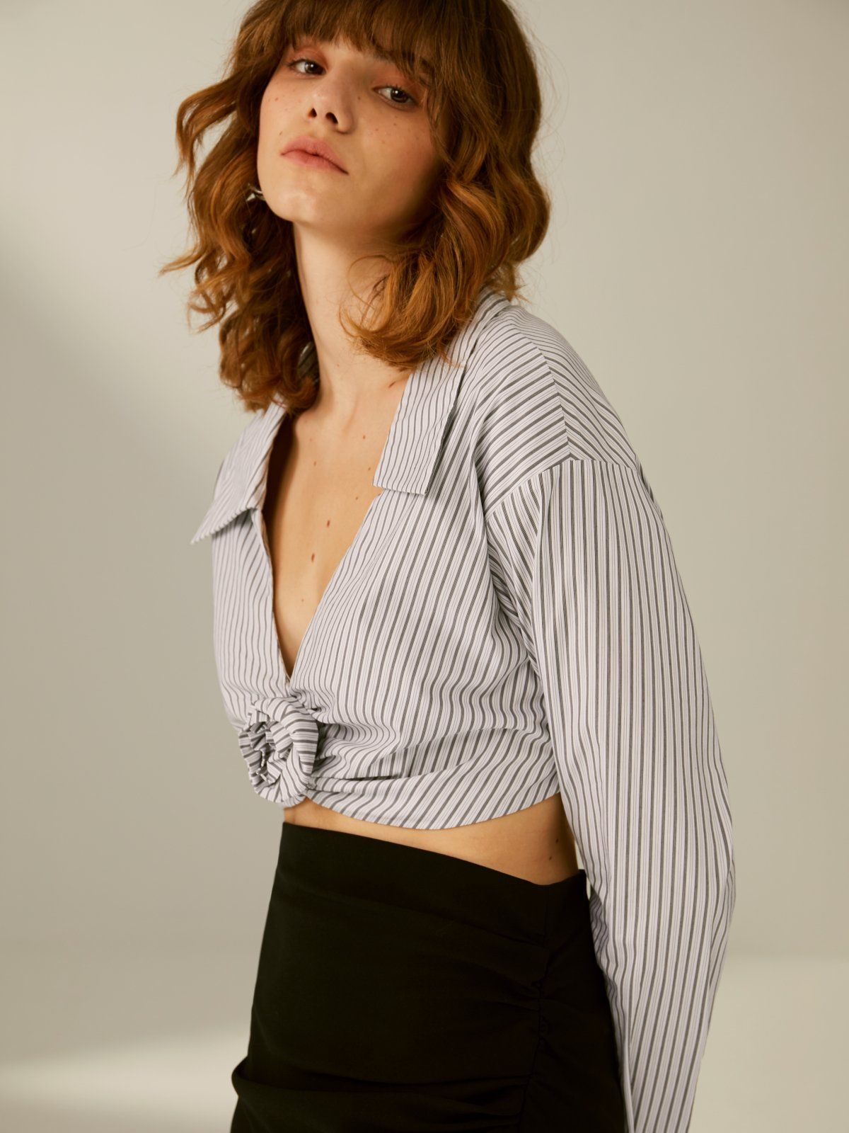 Cropped Twist Front Collared Extra Large Cuff Shirt