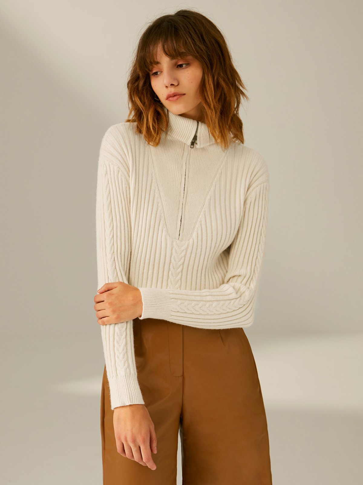 Ribbed Wide Collar Quarter Zip Sweater with Knit Detail