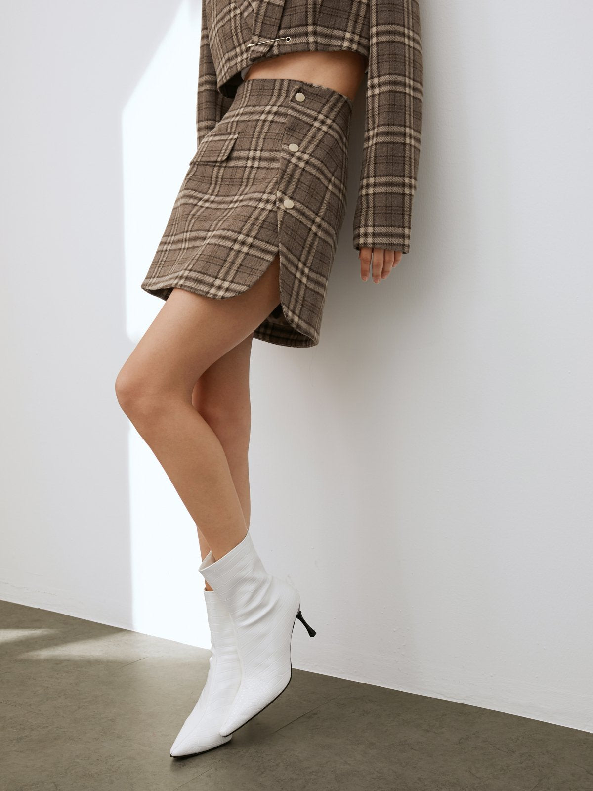 Single Pocket Plaid Mini Skirt with Side Wrap