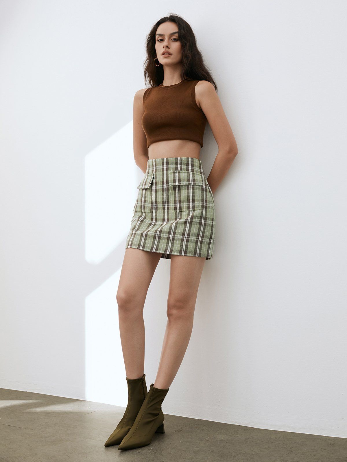 Plaid Double Pocket Mini Pencil Skirt