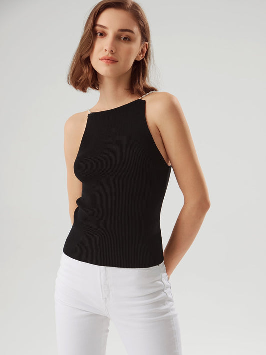 Ribbed Sleeveless Top with Pearl Straps