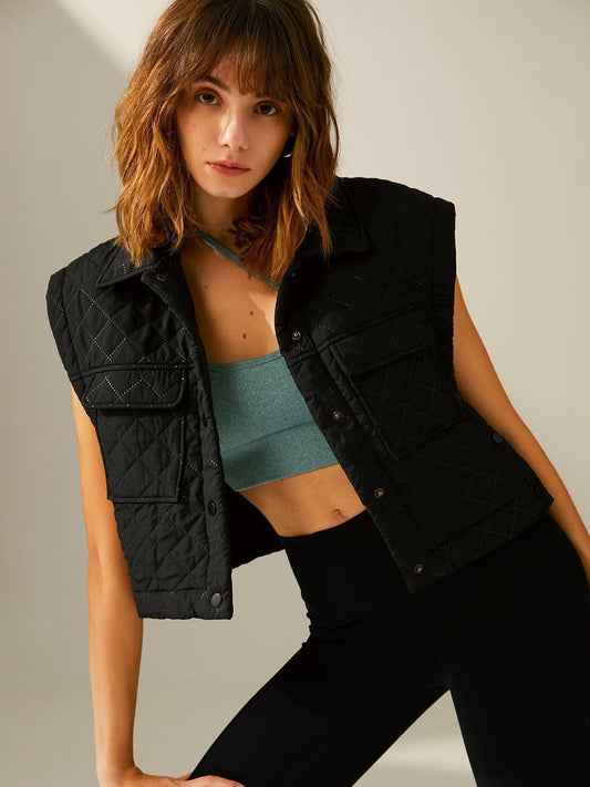 Collared Double Pocket Oversized Quilted Vest