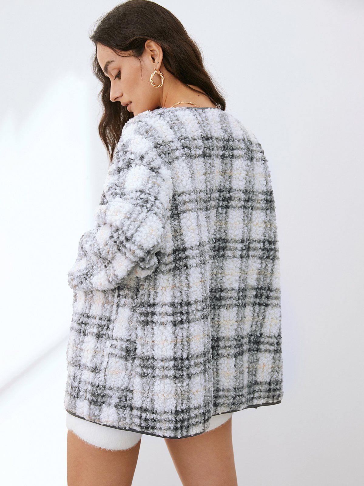 Cozy Sherpa Plaid Collarless Jacket