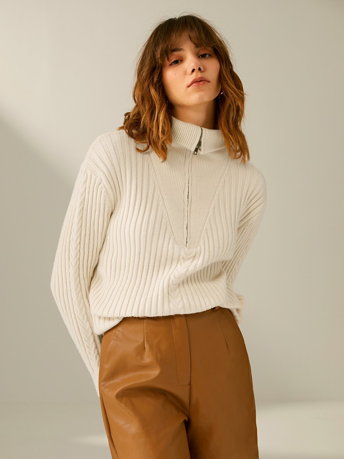 Ribbed Wide Collar Quarter Zip Sweater with Knit Detail