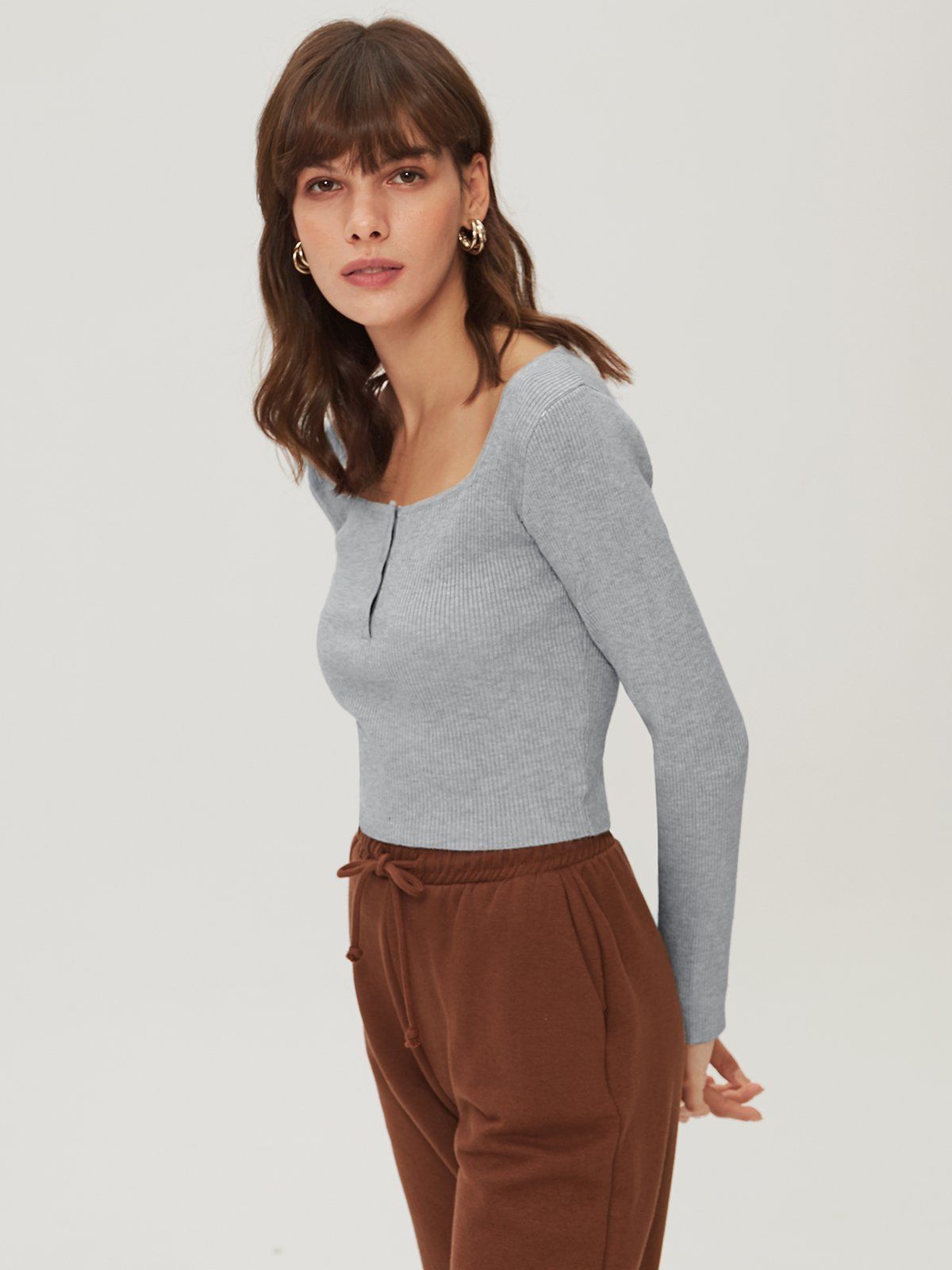 Ribbed Square Neck Henley Long Sleeve Top