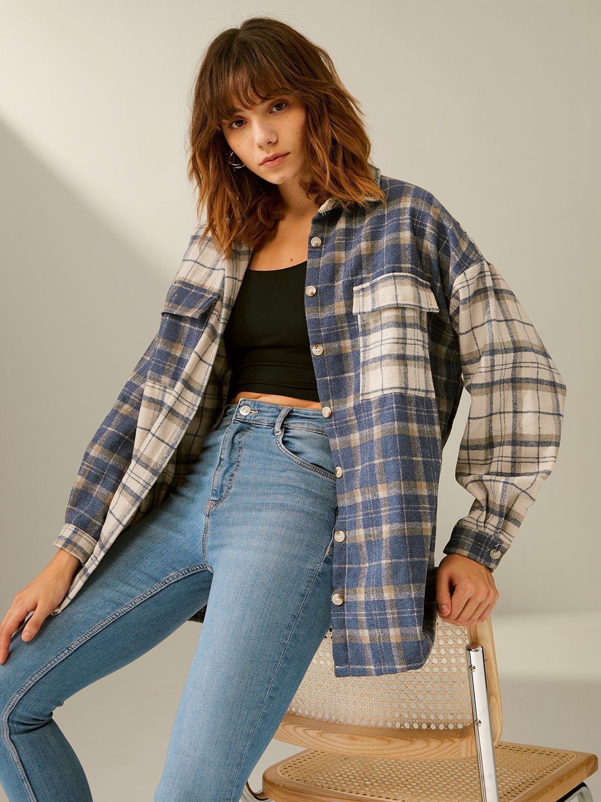 Oversized Color Blocked Plaid Flannel Shirt Jacket