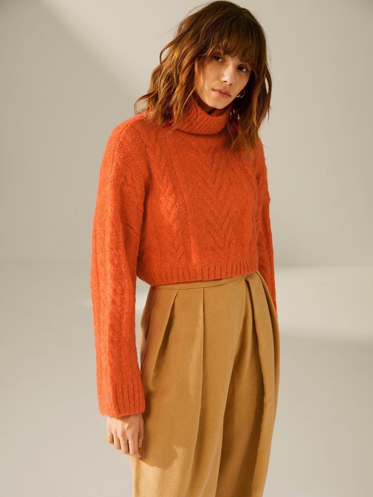 Cropped Drop Shoulder Knit Turtleneck Sweater