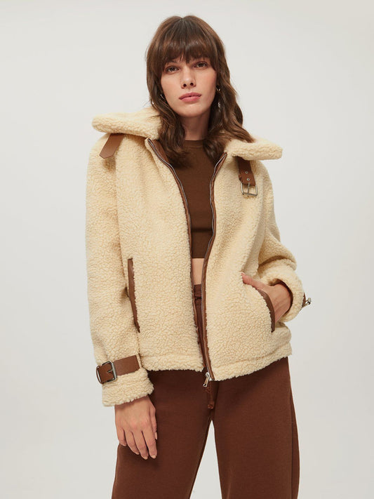 Oversized Teddy Jacket with Leather Strap Detail