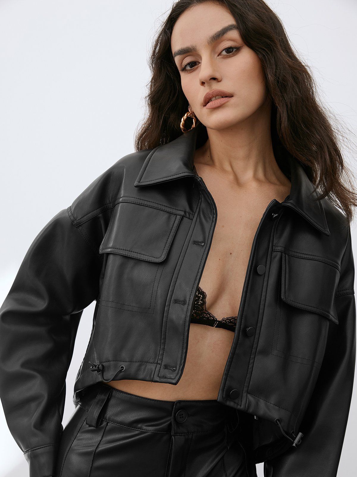 Cropped Double Pocket Button Front Leather Jacket with Drawstrings