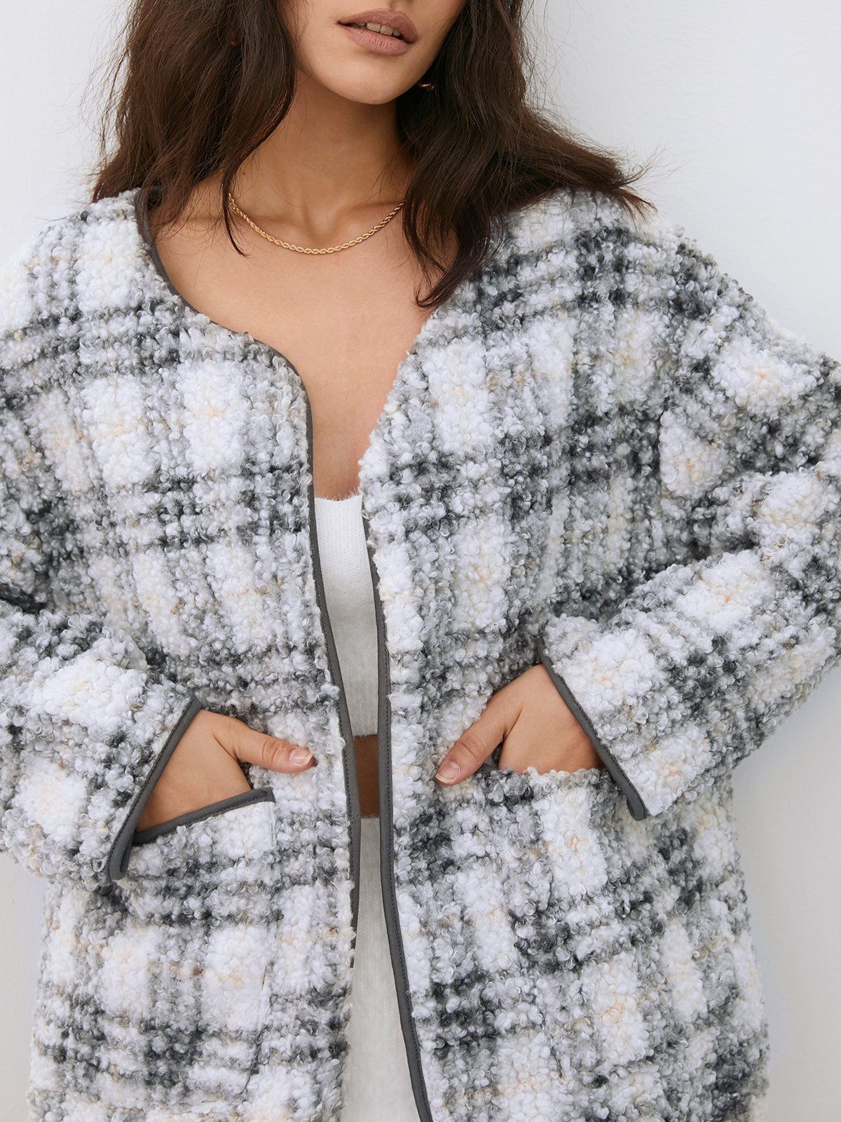 Cozy Sherpa Plaid Collarless Jacket