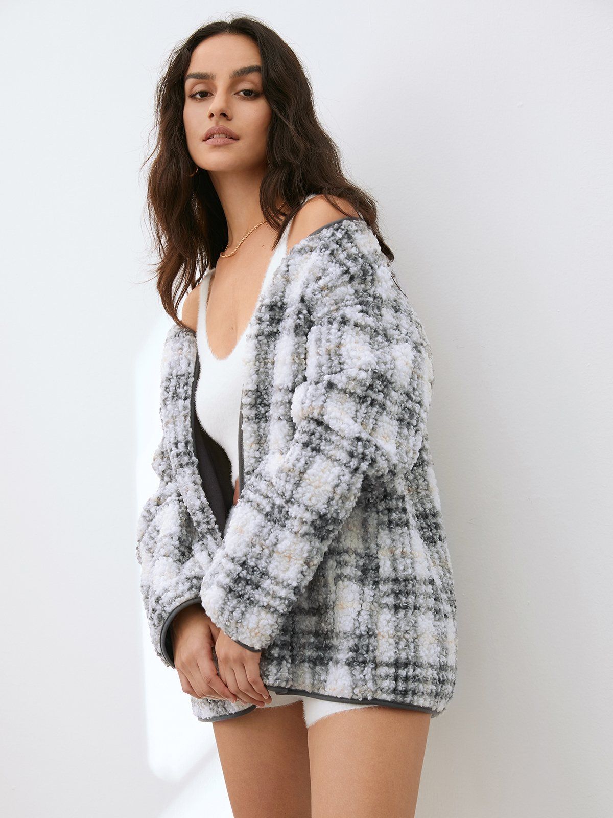 Cozy Sherpa Plaid Collarless Jacket