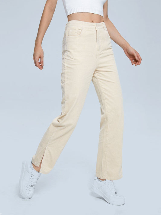 High-Waisted Corduroy Pants with Leg Slits