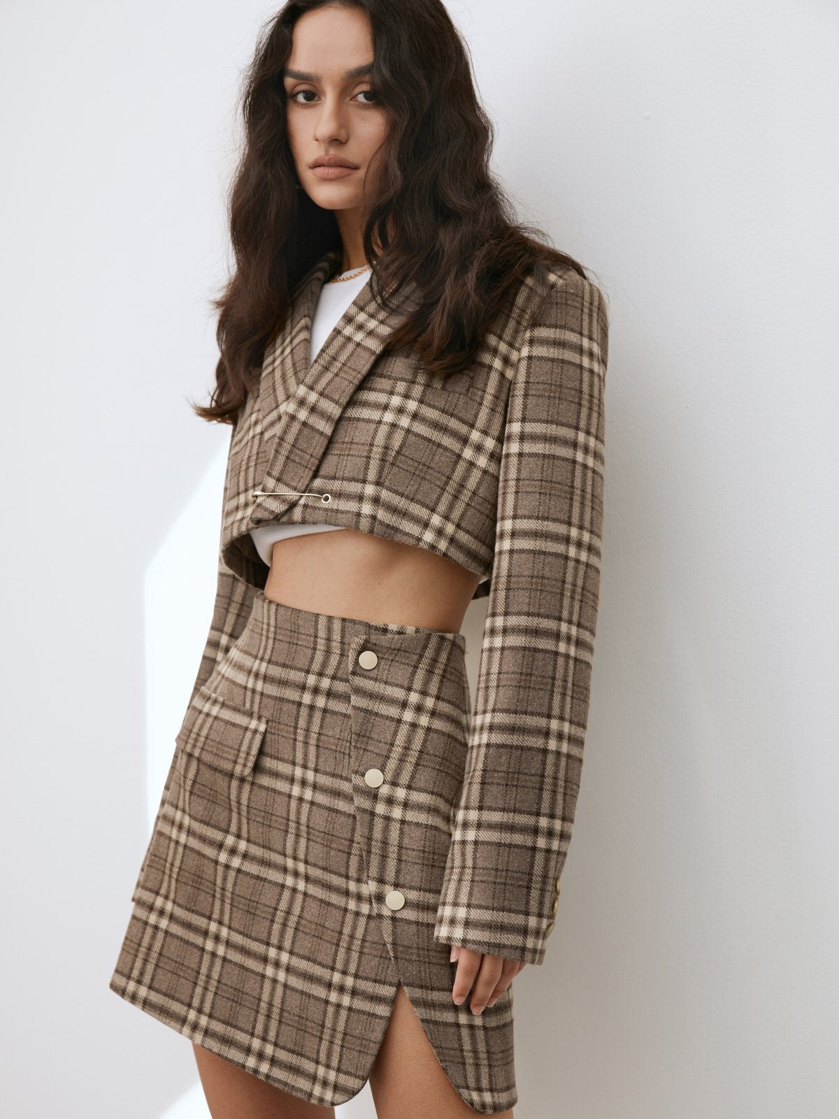 Single Pocket Plaid Mini Skirt with Side Wrap