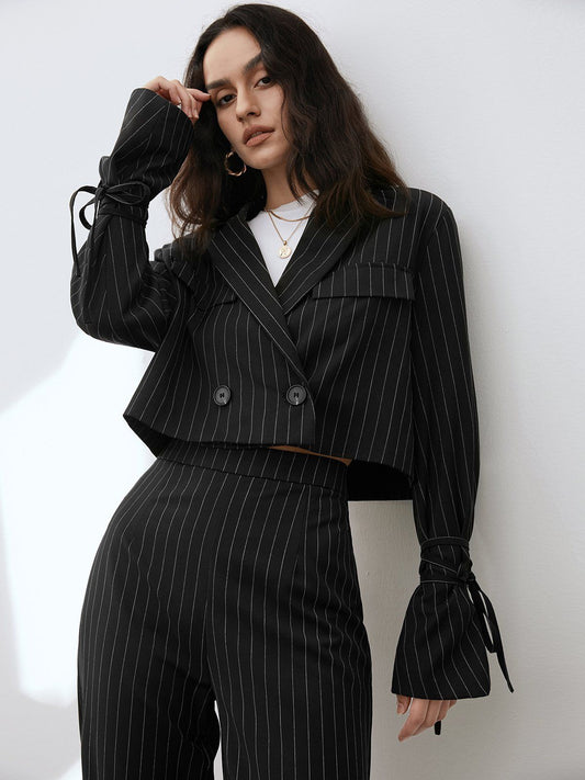 Cropped Pinstripe Fitted Blazer Jacket