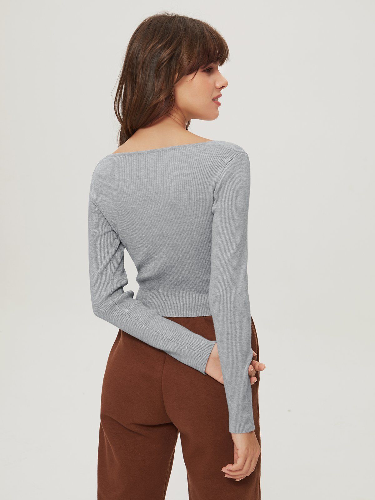 Ribbed Square Neck Henley Long Sleeve Top