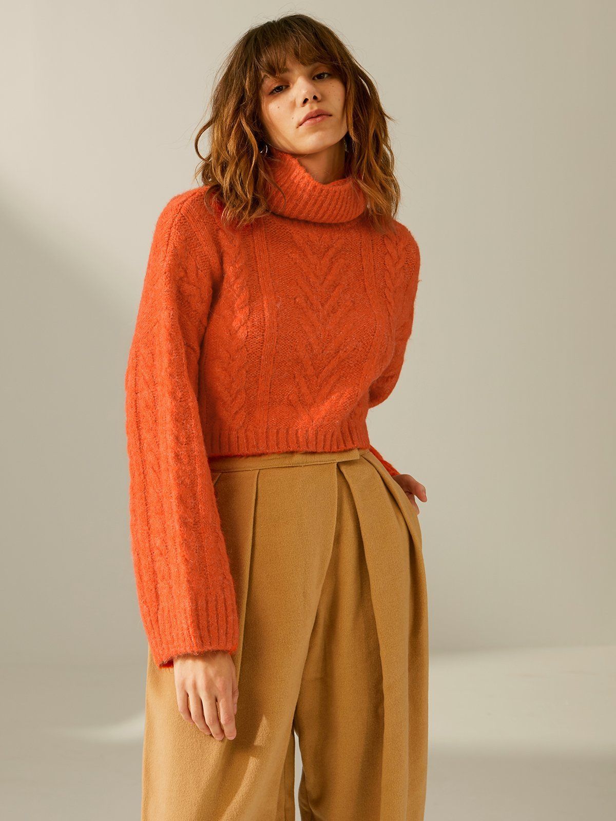 Cropped Drop Shoulder Knit Turtleneck Sweater