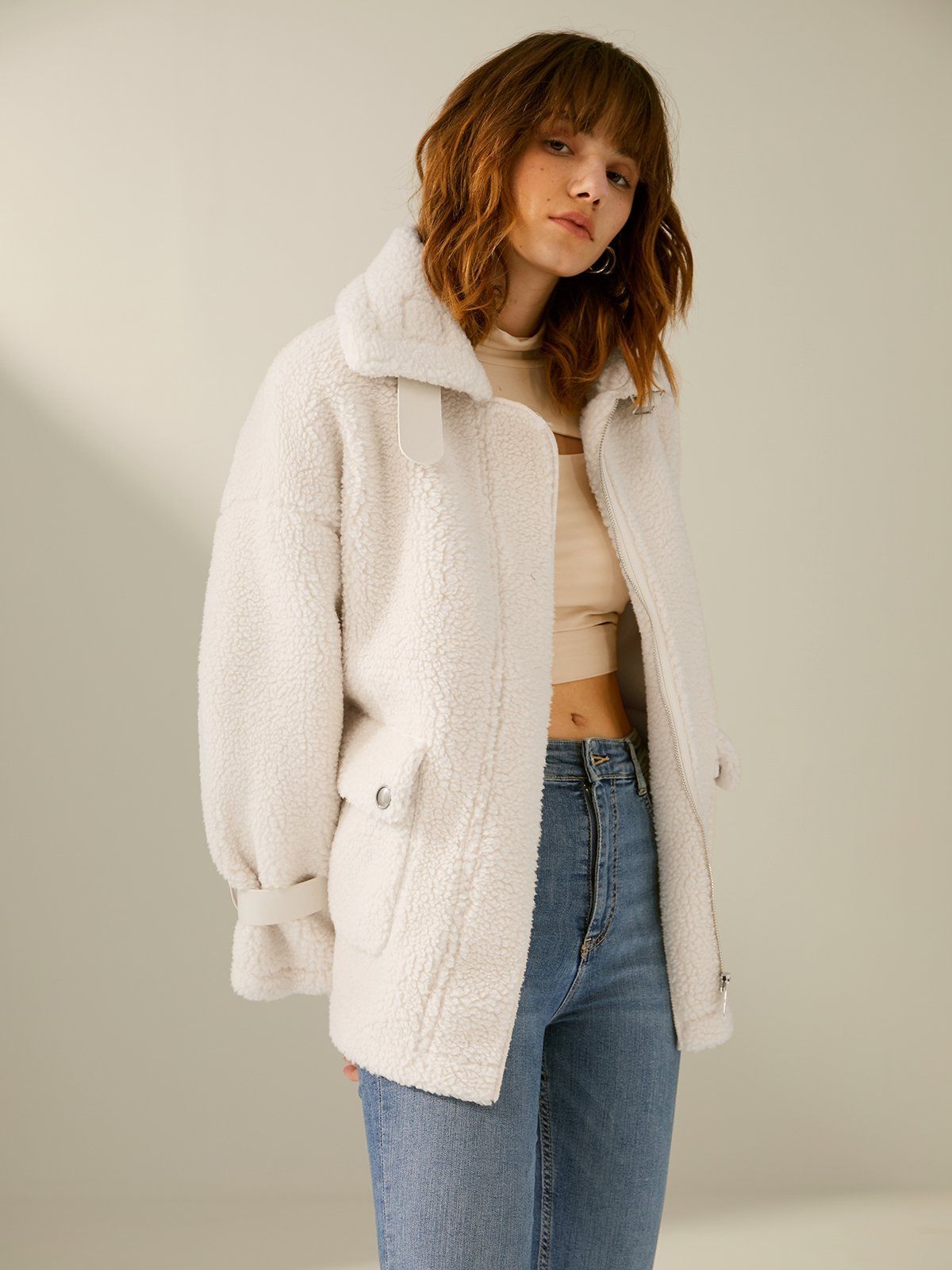 Double Front Pocket Sherpa Jacket with White Leather Straps