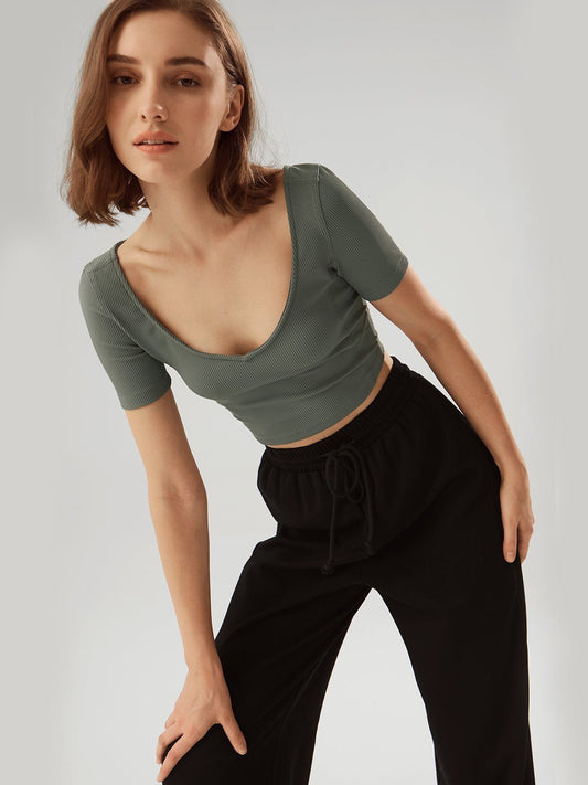 Cropped Ribbed Scoop Neck Short Sleeve Top