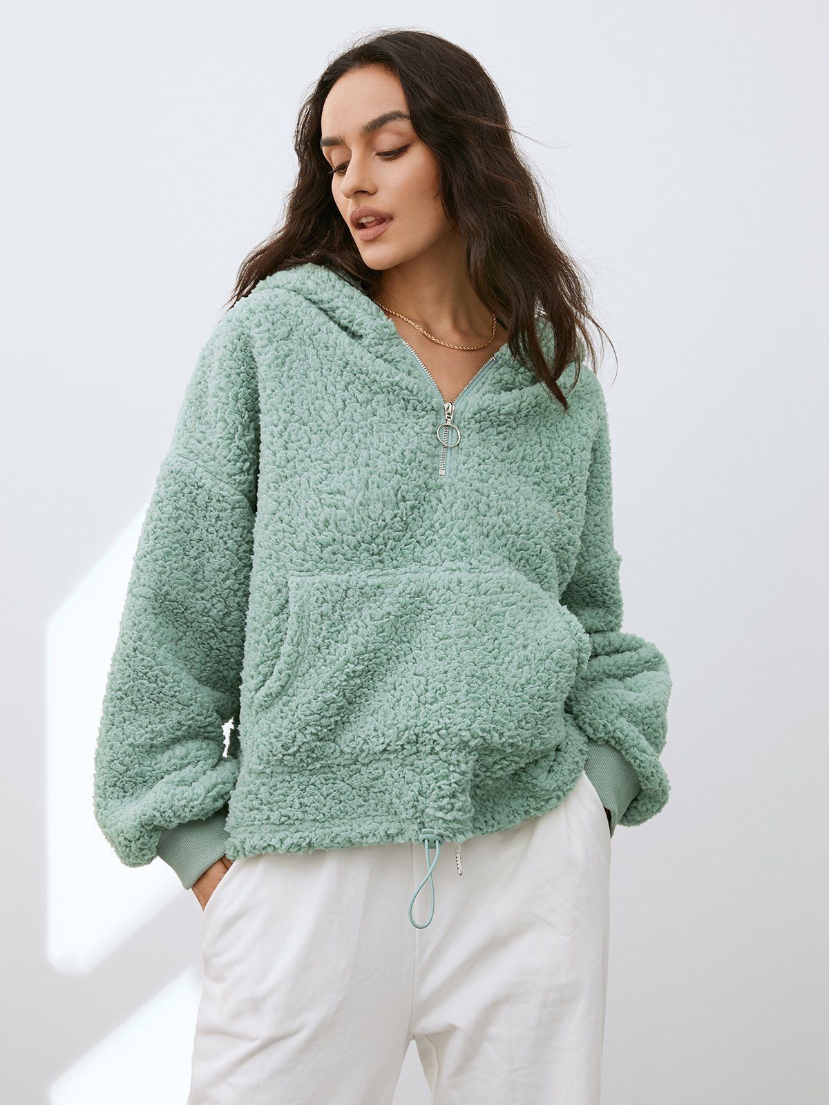 Drop Shoulder Cozy Sherpa Quarter Zip Hoodie with Pocket