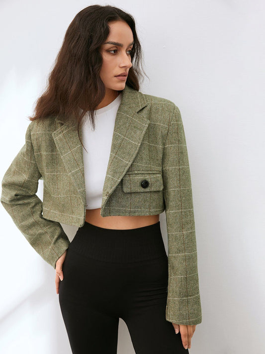 Cropped Window Pane One Pocket Blazer Jacket